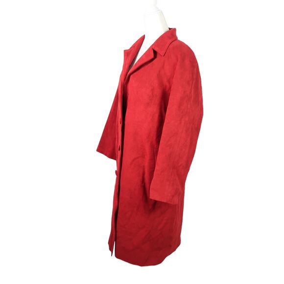Vintage 70s deep red faux suede button front mid length coat L - Picture 3 of 7
